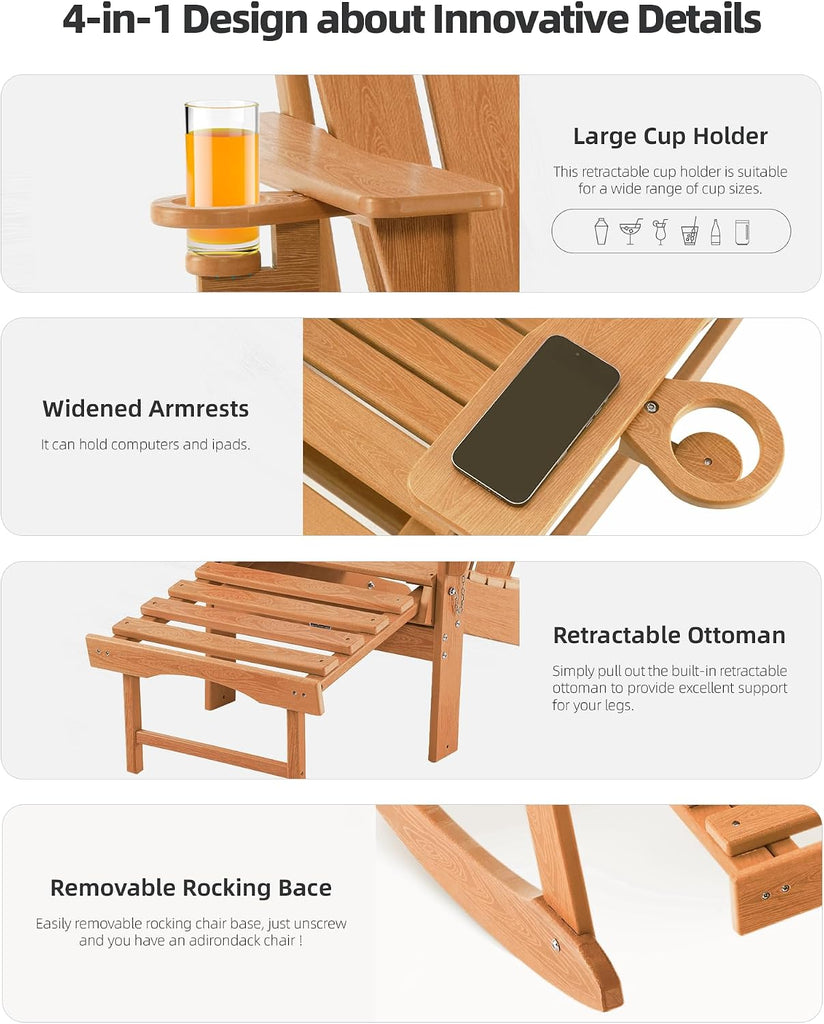 Folding Adirondack Rocking Chair,4-in-1 Multifunctional Patio Chair with Retractable Ottoman, Outdoor Chair Wood
