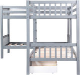Twin L-Shaped Bunk Bed with Storage Drawers, Wooden Bunk Bed for 4, Grey
