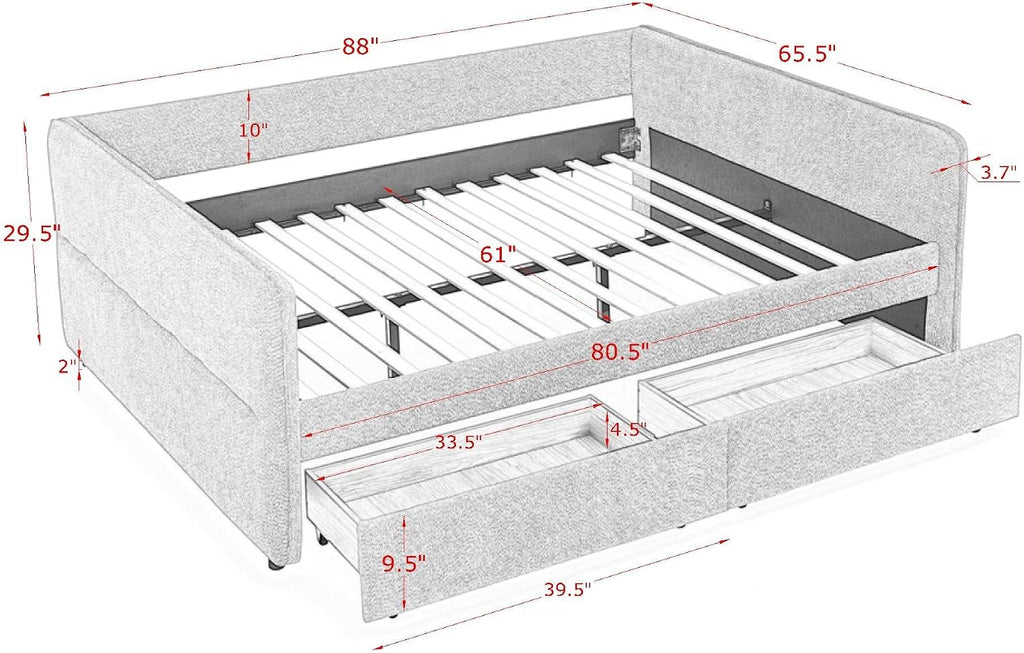Queen Size Boucle Upholstery Daybed with 2 Drawers, Modern Style Tufted Corner Sofa Bed Frame with Solid Wooden
