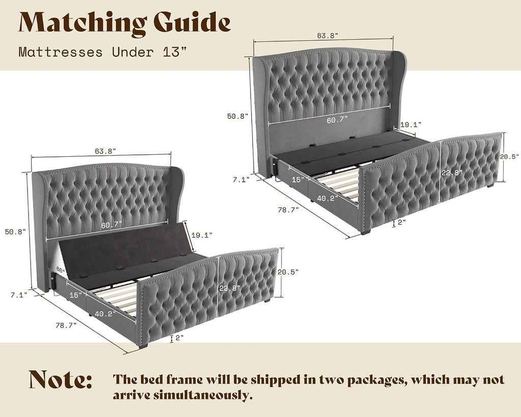 Queen Adjustable Bed Frame with 51" Velvet Upholstered Headboard