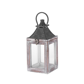 12" High Farmhouse Decorative Lantern, Glass and Metal, Distressed White Wood Finish, Vintage Black Metal Top, Indoor