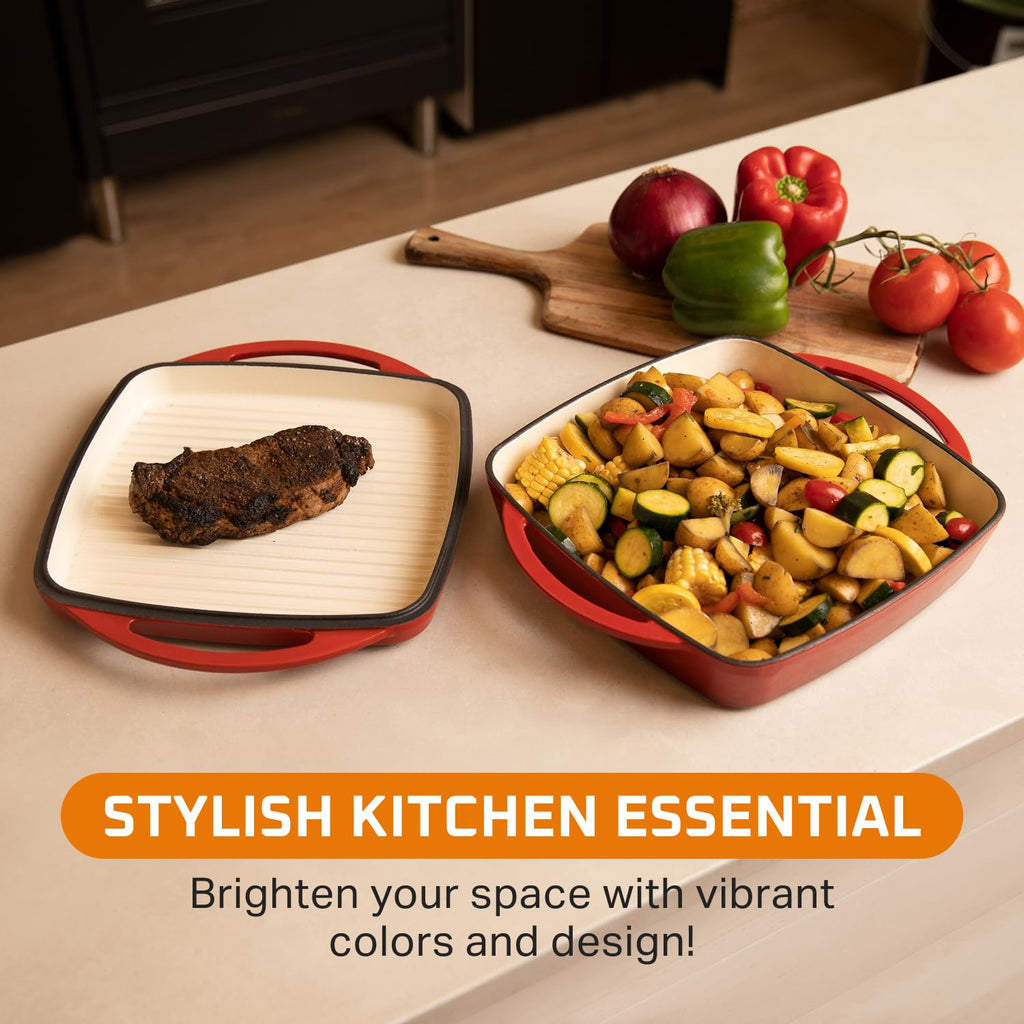 2-in-1 Square Dutch Oven Casserole Dish with Lid, Dual Handles and Grill Pan for Baking, Braising and Grilling
