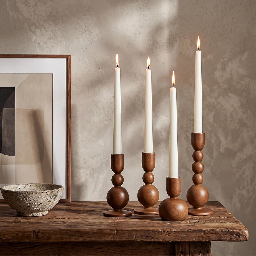 6 Pcs Wooden Candle Holders, Wood Taper Candlestick Holders Vintage Rustic Farmhouse Mid Century Candle Stand Set for
