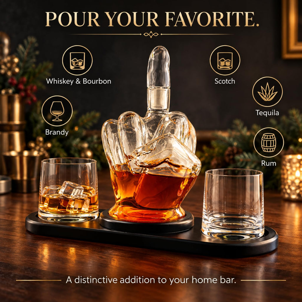 Middle Finger Whiskey Decanter Set With Whiskey Stones - Wine Container & Glasses - Scotch, Tequila, Brandy, Rum