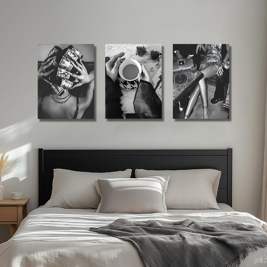 Trendy Black and White Wall Art Luxury Money Hair Rollers Girl Posters Prints Retro Bold Feminine Fashion Artwork