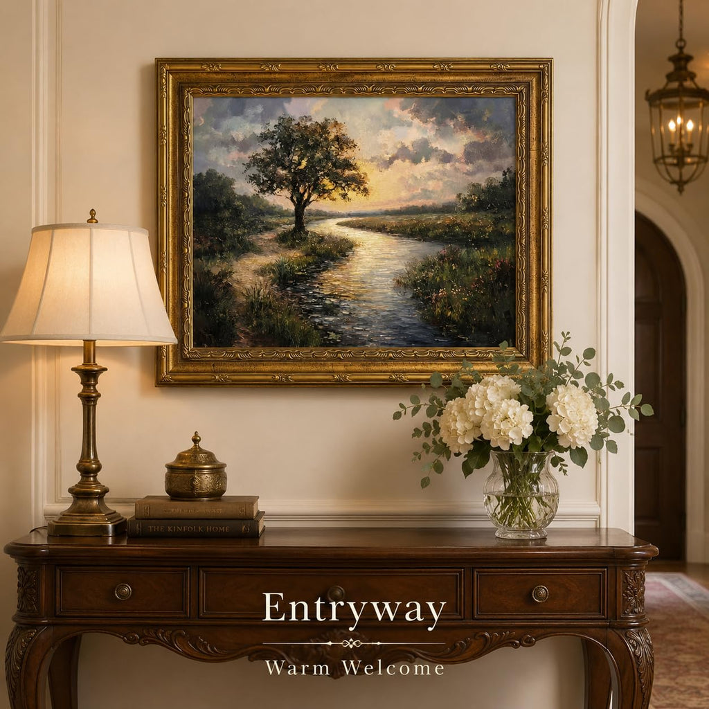 Gold Framed Canvas Wall Art, Serene River Tree Sunset Landscape Painting, Classic Countryside Picture Poster Prints