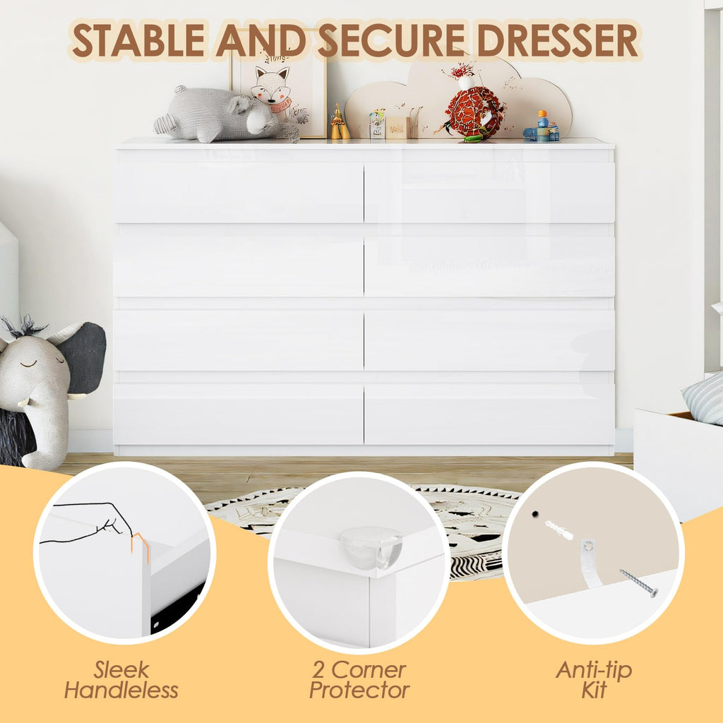 8 Drawer Dresser 55" Wide White Wood Modern Chest