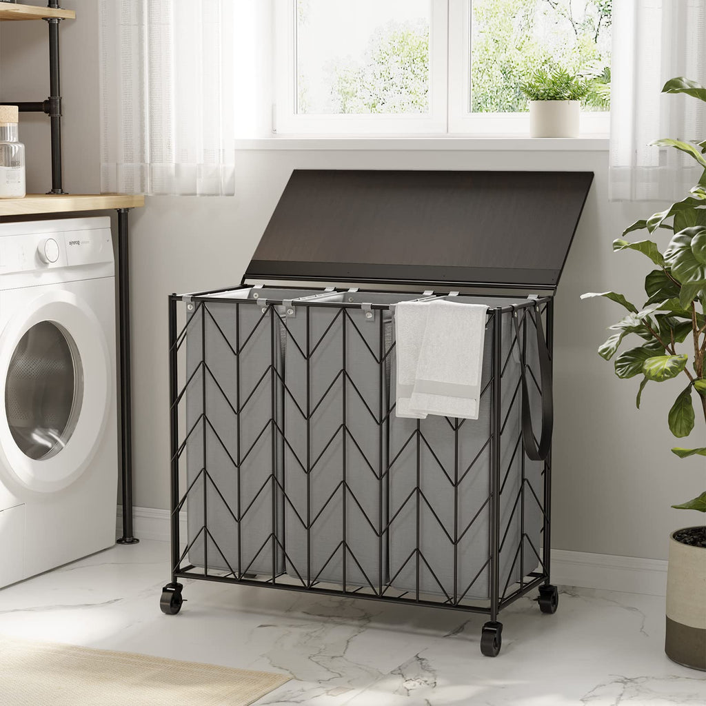 Laundry Hamper 3 Section with Lid, 142L Laundry Basket with Wheels
