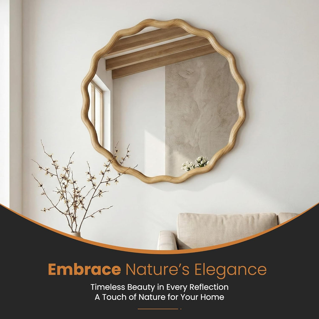 Round Wood Mirrors for Wall, 24" Boho Cirecle Wavy Mirror with Wooden Frame, Decorative Mirror with Tempered Glass