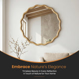 Round Wood Mirrors for Wall, 24" Boho Cirecle Wavy Mirror with Wooden Frame, Decorative Mirror with Tempered Glass