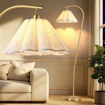 Floor Lamp with Pleated Linen Lampshade, Modern Flower Floor Lamp Arc Standing Lamp, Gold Tall Lamp Office Dining
