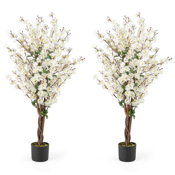 47" Artificial Wintersweet Tree, 2 Pack Faux Plum Blossom Plant with White Fabric Flower, Solid Wood Trunk, Fake