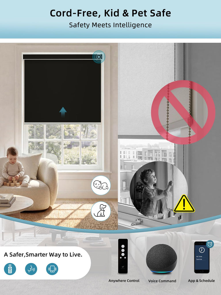 Motorized Smart Roller Shades, 100% Blackout Vinyl Black