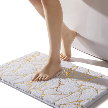 White and Gold Bathroom Rug Marble Bath Mat Elegant Decor 16" x 24"