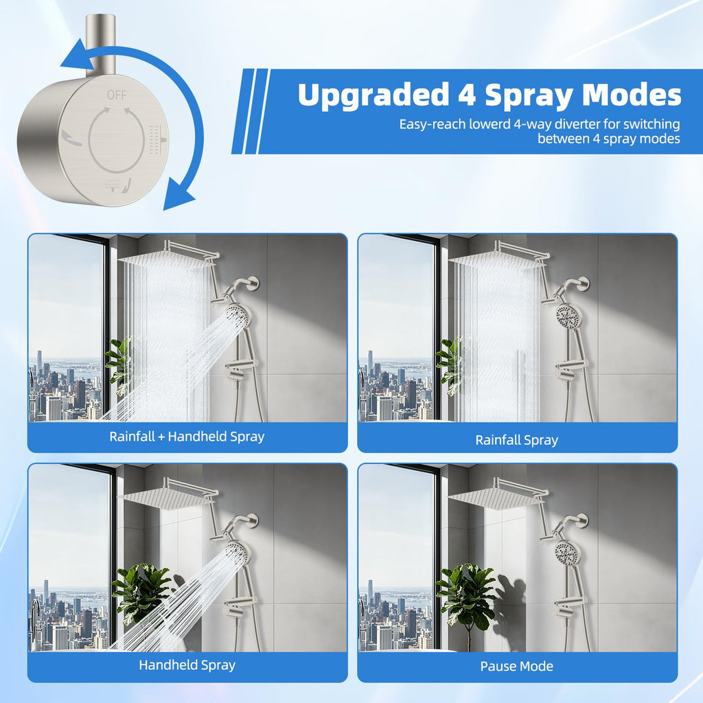 12" Metal Rain Shower Head with Filter Handheld 10-Spray Combo, Easy Reach