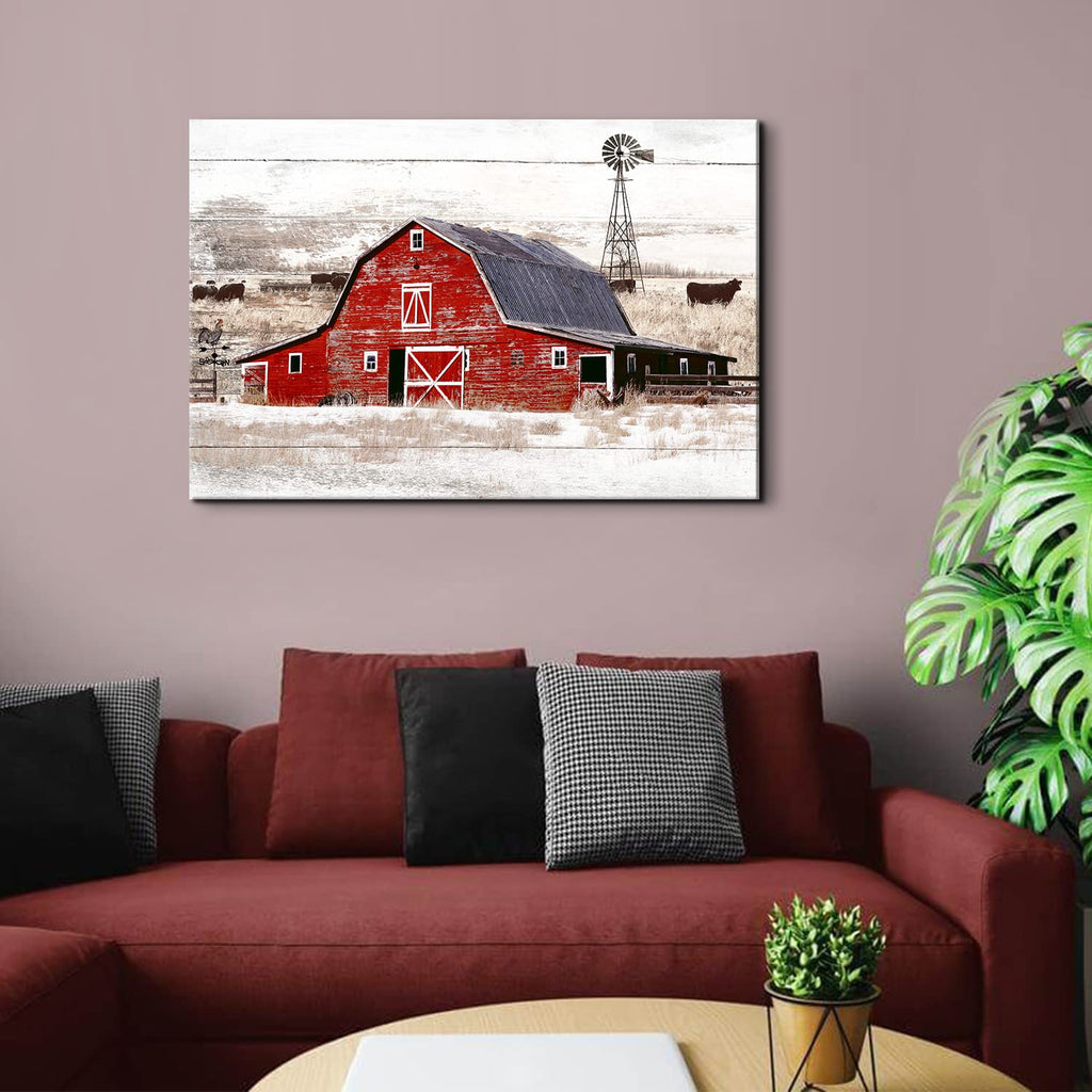 Red Old Barn Wall Art Country Windmill Wall Decor Rustic Farmhouse Landscape Picture Canvas Prints Kitchen, Vintage