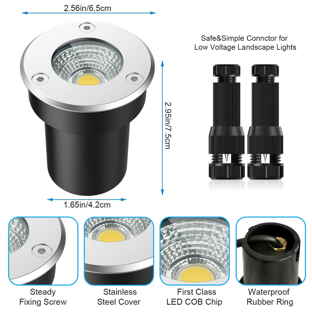 LED Landscape Lights, 12 Pack 7W Ground Lights With 24 Connectors, Low Voltage In-Ground Well Pathway Lighting, Warm