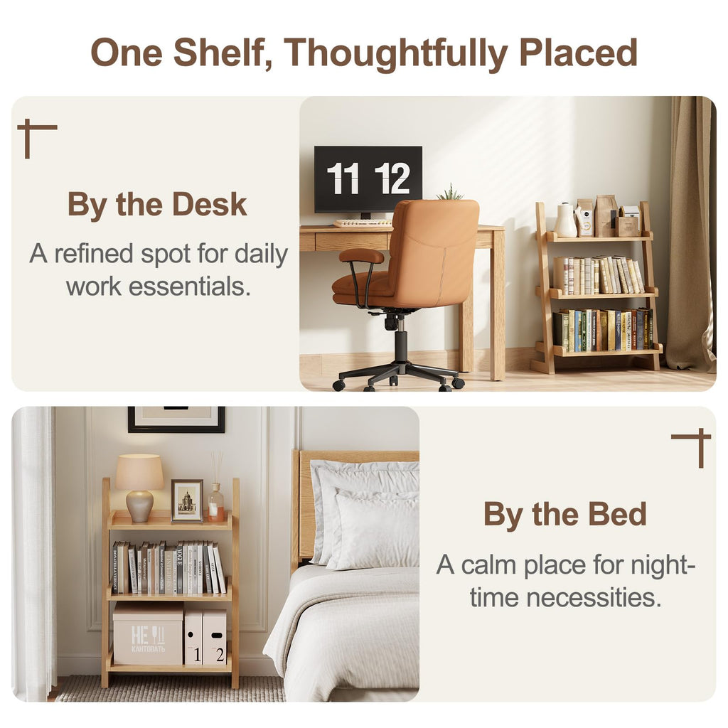 Solid Wood Ladder Shelf, Leaning Bookshelf, Natural, 3-Tier
