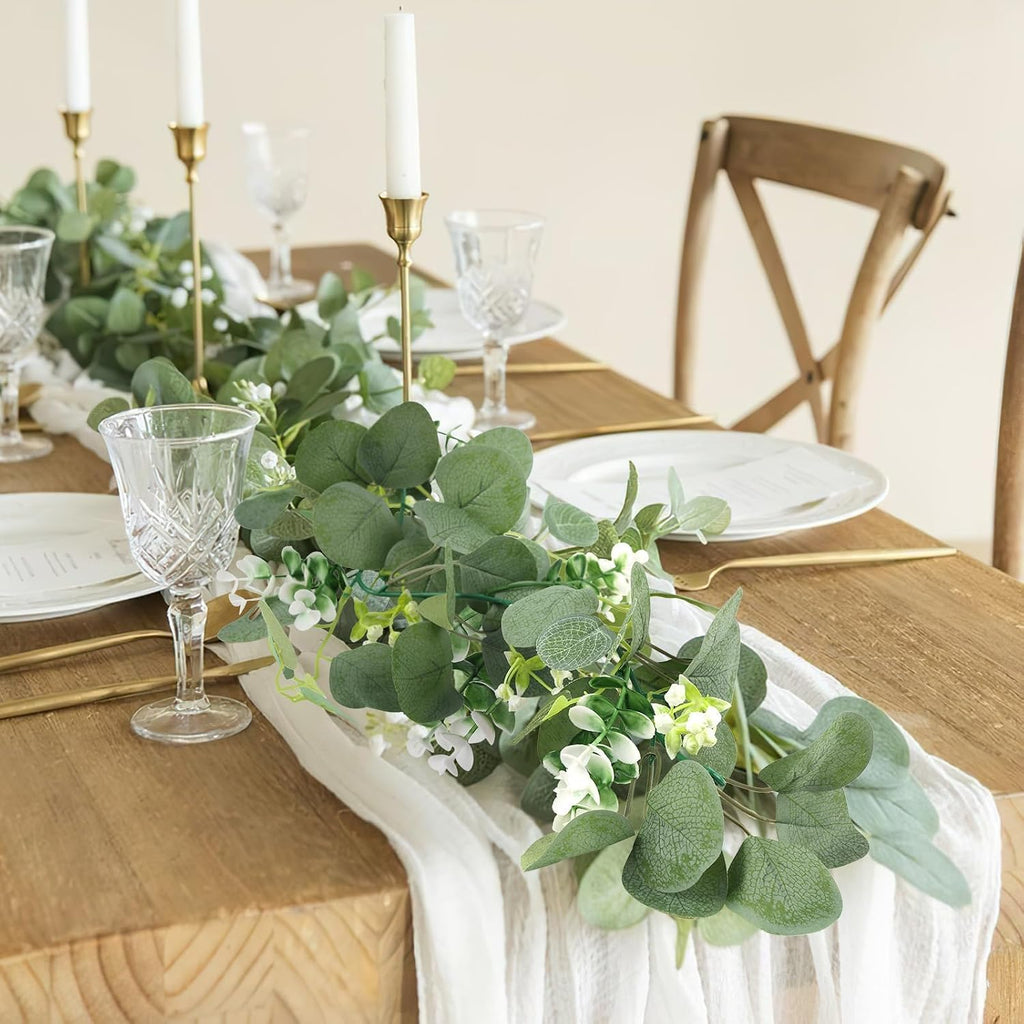 Artificial Eucalyptus Garland with Flowers, Faux Greenery Garland Decor 6FT Eucalyptus Vines, Fake Hanging - Set of 2