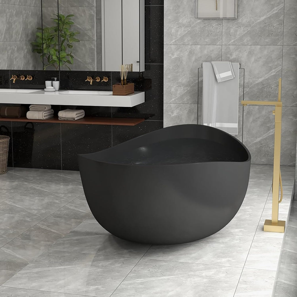 Freestanding 71 Inch Oval Bathtub Stone Resin Soaking Bathtub with Center Drain (Black)