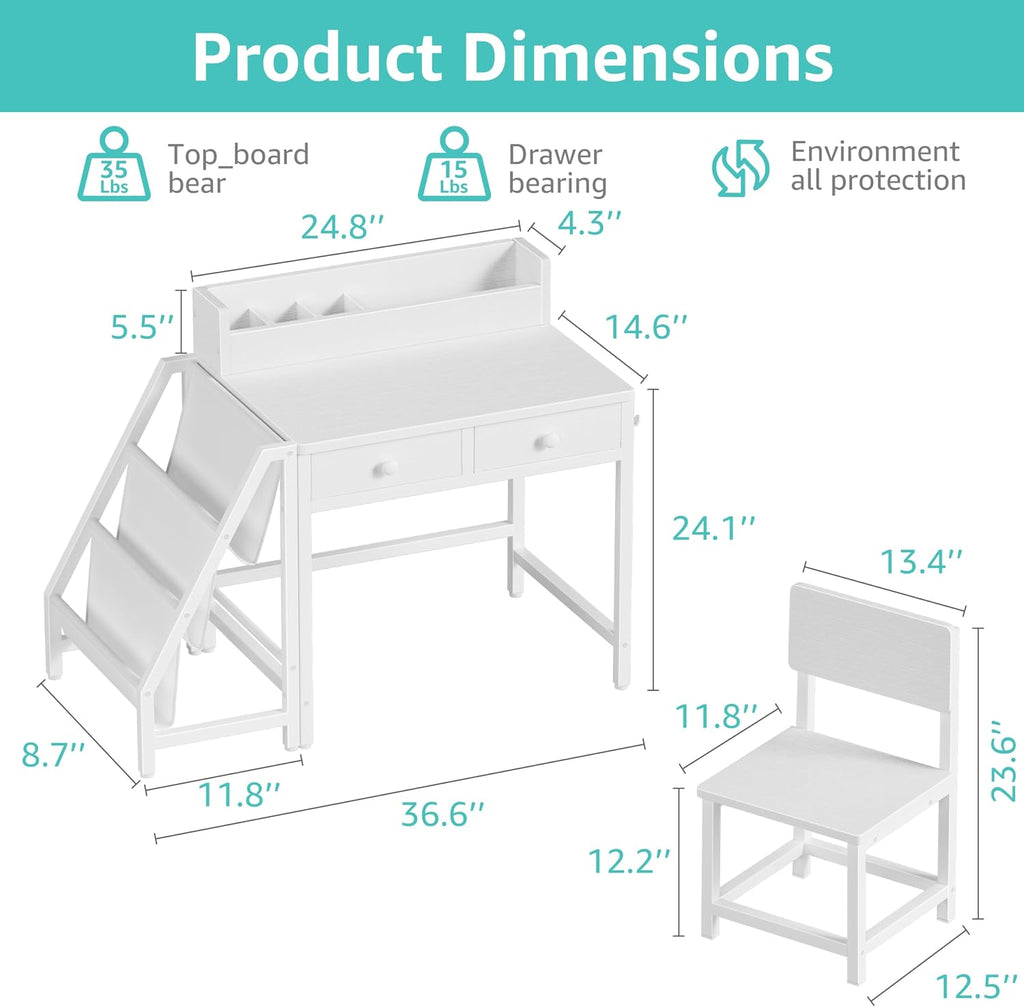 White Kids Desk and Chair Set for 5-8 Year Old Girls Boys, Small Child Desk with Bookshelf, Children Study Table