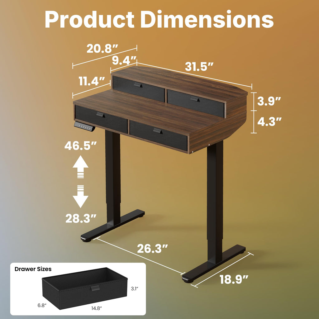 32 x 20 Inch Electric Standing Desk with 4 Drawers, Walnut