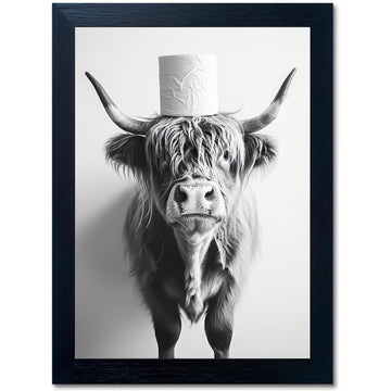 Framed Black and White Bathroom Canvas Wall Art Highland Cow with Toilet Paper on Head Painting Picture Wall Decor