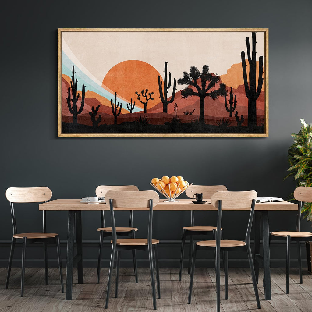 Extra Large Framed Canvas Print Wall Art Desert Sunset with Cacti Nature Wilderness Antique Retro Fine Art