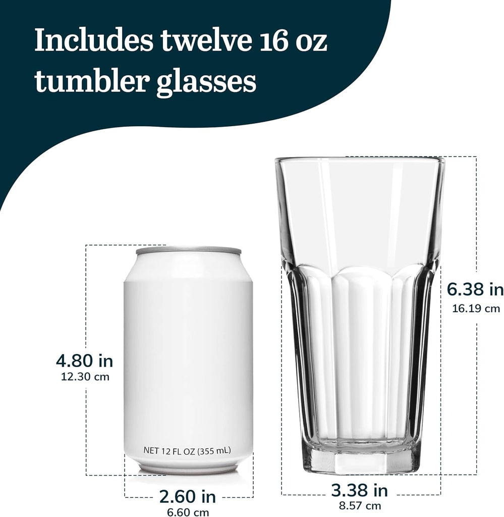 Gibraltar 16 oz Glass Tumbler, Iconic Heavy Base Glass Drinking Glasses Set of 12, Dishwasher Safe Drinkware Set of 12