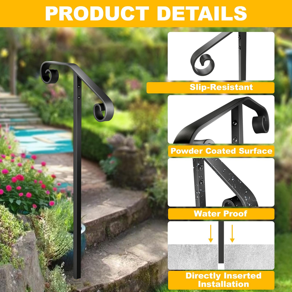Single Post Handrail, 1 or 2 Steps Handrails for Outdoor Steps, Rust-Proof Wrought Iron Stair Railing in Ground for