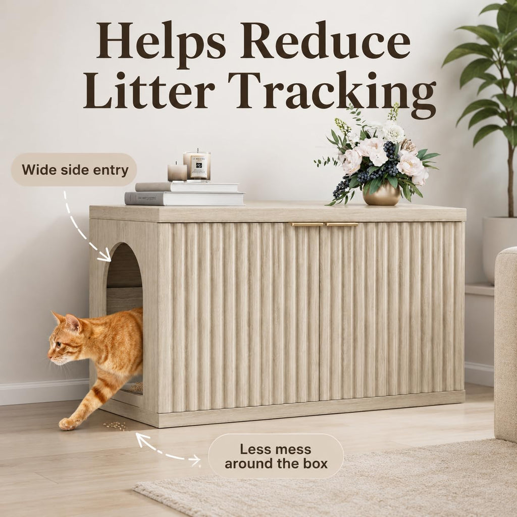 Cat Litter Box Enclosure, Modern Fluted Accent, Cream Gray