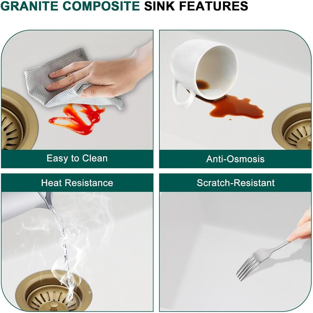 28 Inch Granite Composite Kitchen Sink - White Undermount Workstation All-In One Quartz Classic Single Bowl Sink