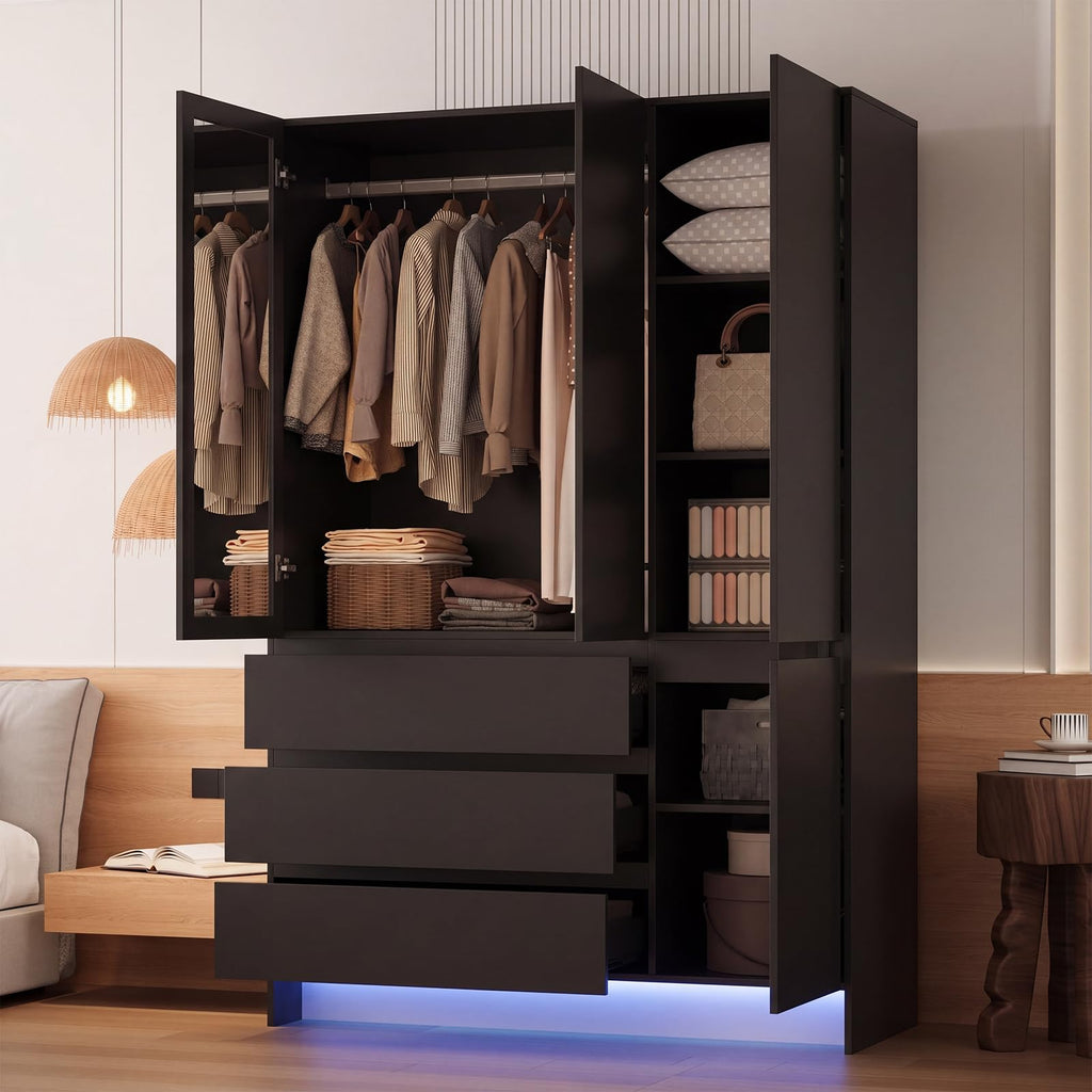 Armoire Wardrobe Closet with 4 Doors, Bedroom Armoire with Mirrors