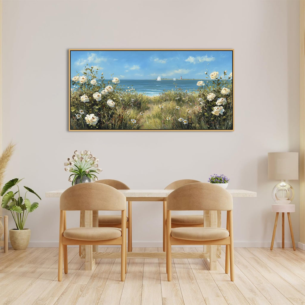 Blue Ocean Wall Art White Flowers Canvas Prints Nautre Coastal Wildflowers Pictures Beach Floral Painting Poster