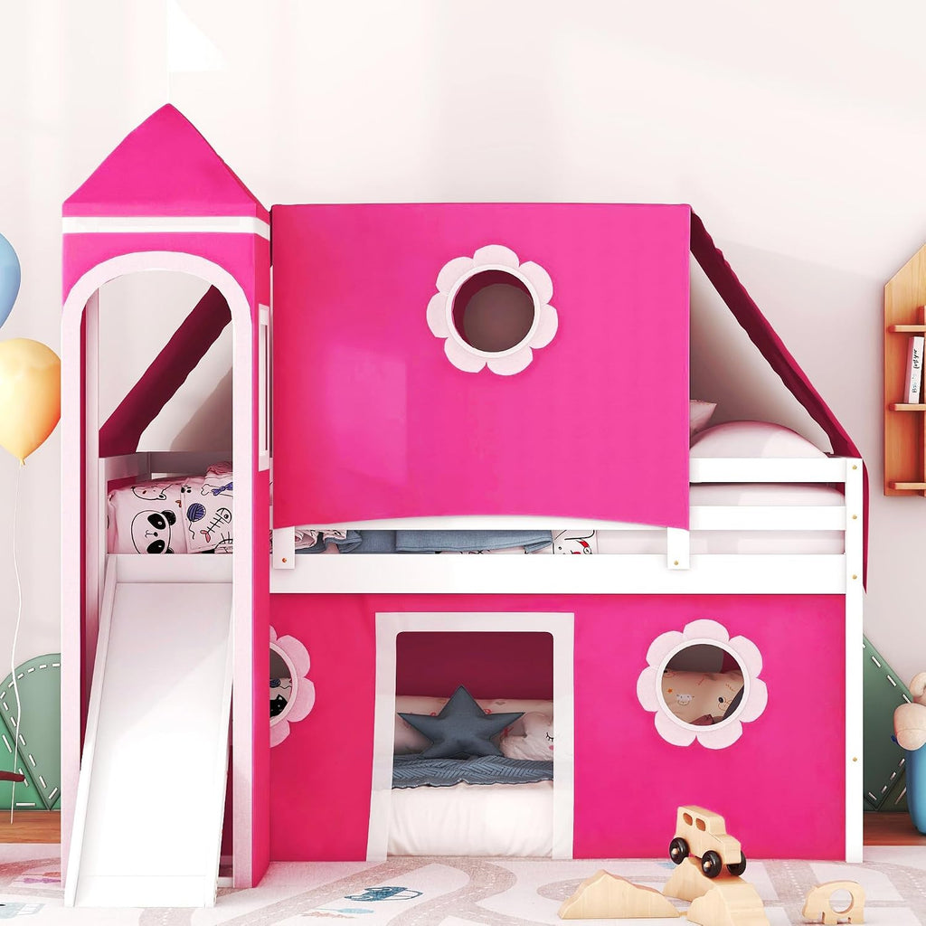 Castle Loft Bed with Slide & Tent and Tower, Playhouse Design Spacious Under Bed Space with Curtains, Wood Tent Bed