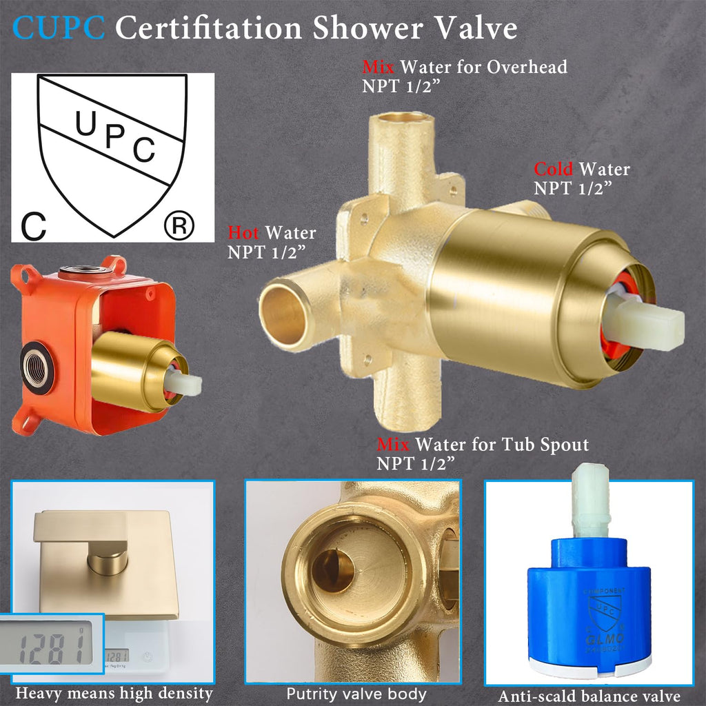Shower Faucet Set with Tub Spout Brushed Gold 10 Inch Rainfall Shower 4 Setting Spray Mixer Shower System Modern
