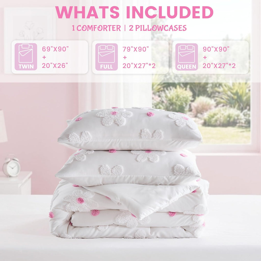 Twin Comforter Set for Girls 2 Pieces Tufted Daisies Flowers Pink Floral Twin Girls Bedding Sets Bed in A Bag Cute