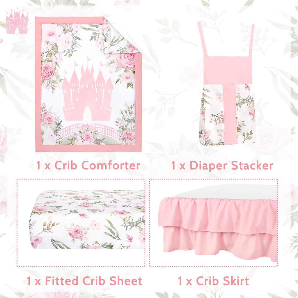 4 Pcs Pink Crib Bedding Set for Girls, Castle Baby Crib Comforter