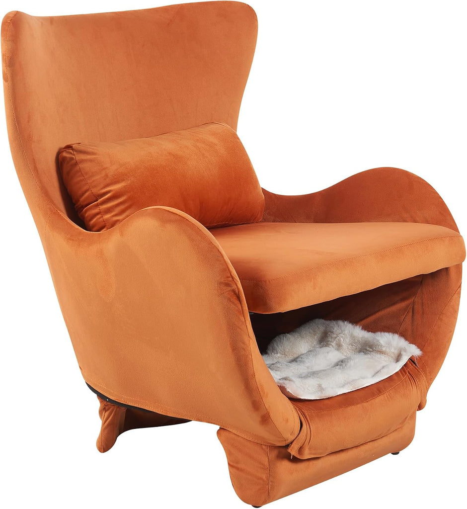 Mid Century Modern Velvet Accent Chair with Cat House, Upholstered Lounge Chair, Pet Friendly Chair, Single Reading