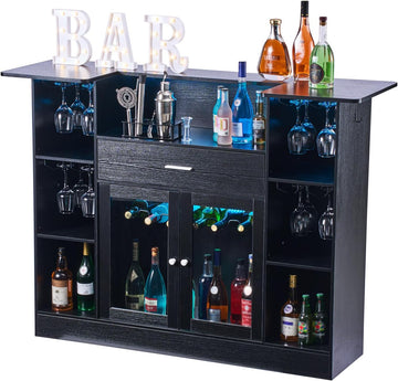 Home Bar Unit, Wine Bar Cabinet Table 4-Tier with Storage Drawer Shelves, Wine Glass Holder, Bottle Rack, LED Light