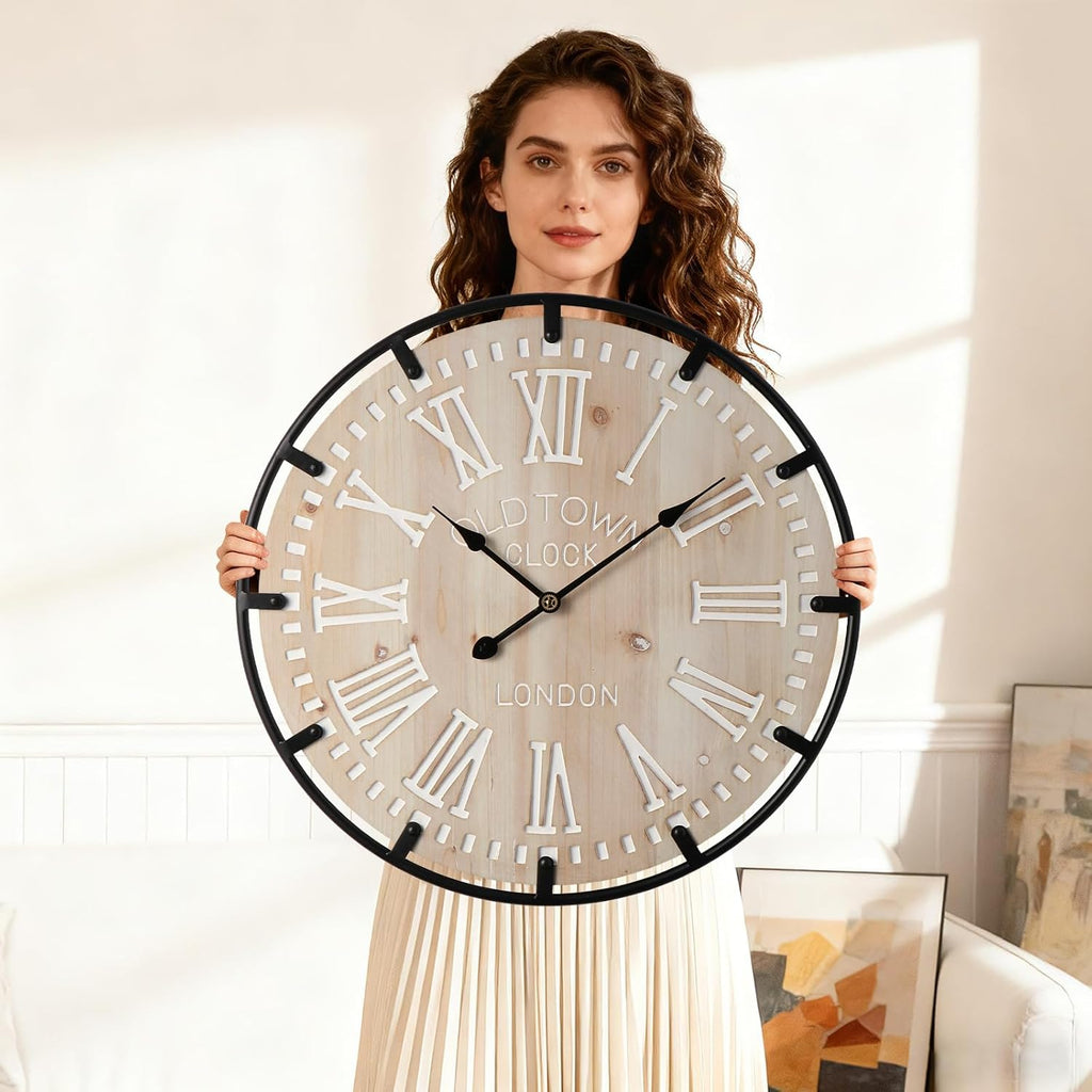 Vantic Farmhouse 24 Inch Extra Large Decorative Wall Clock with Metal Circle