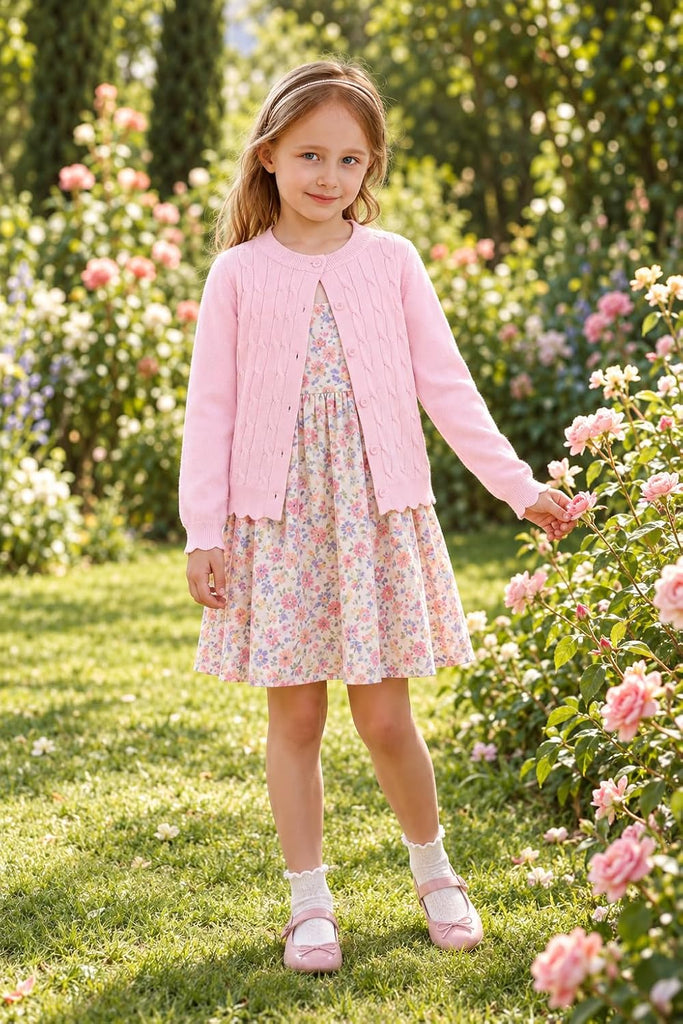 Girls Cable Knit Cardigan Kids Button Up Uniform Sweater Tops