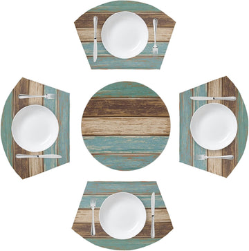Placemats for Round Tables Retro Rustic Wood Texture 4 Wedge Table mats 1 Round Table mats Washable Heat - Set of 5