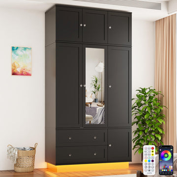 92.2" Tall Armoire Wardrobe Closet with Mirror & Motion Sensor Light, Large Storage Cabinet with 2 Drawers, Hanging