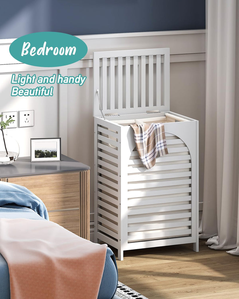 White Laundry Hamper, 22.5 Gallon (85L) Bamboo Wood Clothes Laundry Basket with Lid and Handles, Removable Liner