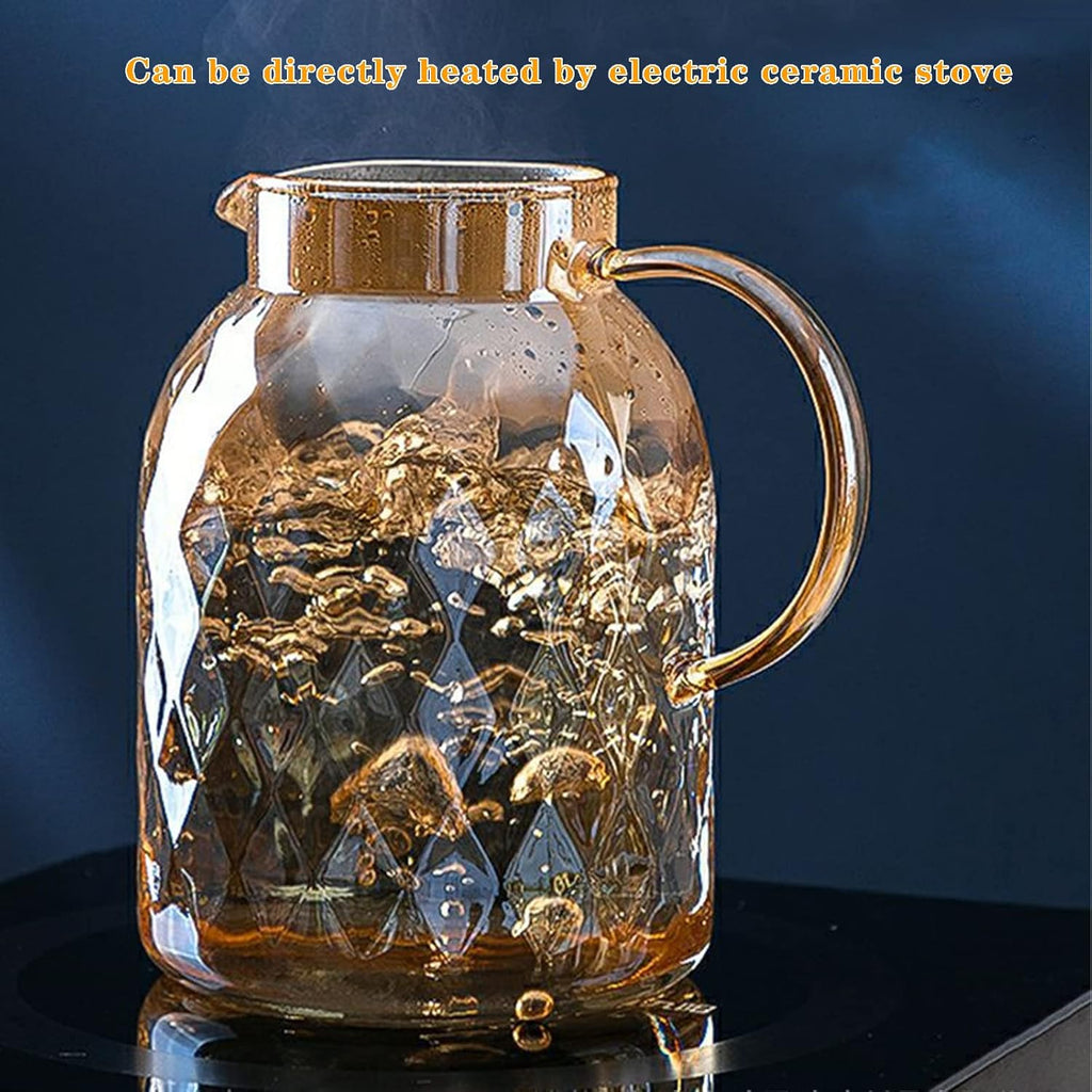 62oz Glass Pitcher with Lid - Amber Borosilicate Water Carafe, Heat Resistant Vintage Jug for Iced Tea, Juice