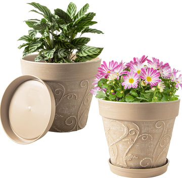 Plant Pots Indoor with Drainage & Saucer, 2Pack 10 inch Flower Pots Outdoor Planters for Indoor Plants Garden Home