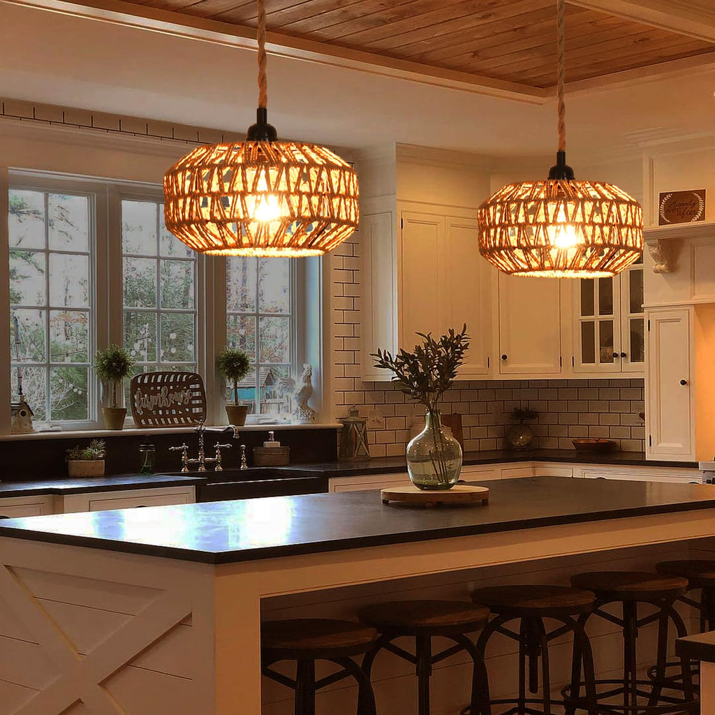 2 Pack Plug in Pendant Light Rattan Hanging Lamp with Switch, Mini Rattan Boho Semi Flush Mount Ceiling Light, Hand