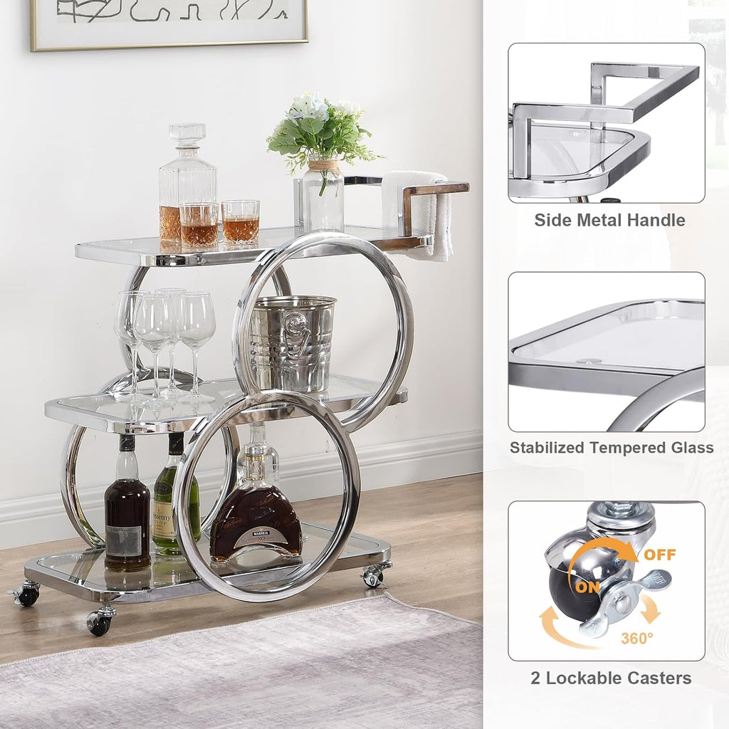 Home Bar Serving Carts 3 Tier Kitchen Carts on Wheels Mobile Bar Carts Kitchen Dining Room Living Room Party, Chrome