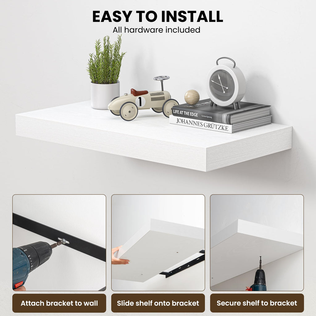 40" Floating Shelves for Wall, 12" Deep Thicker White Floating Shelves, Wall-Mounted Shelves - Set of 2
